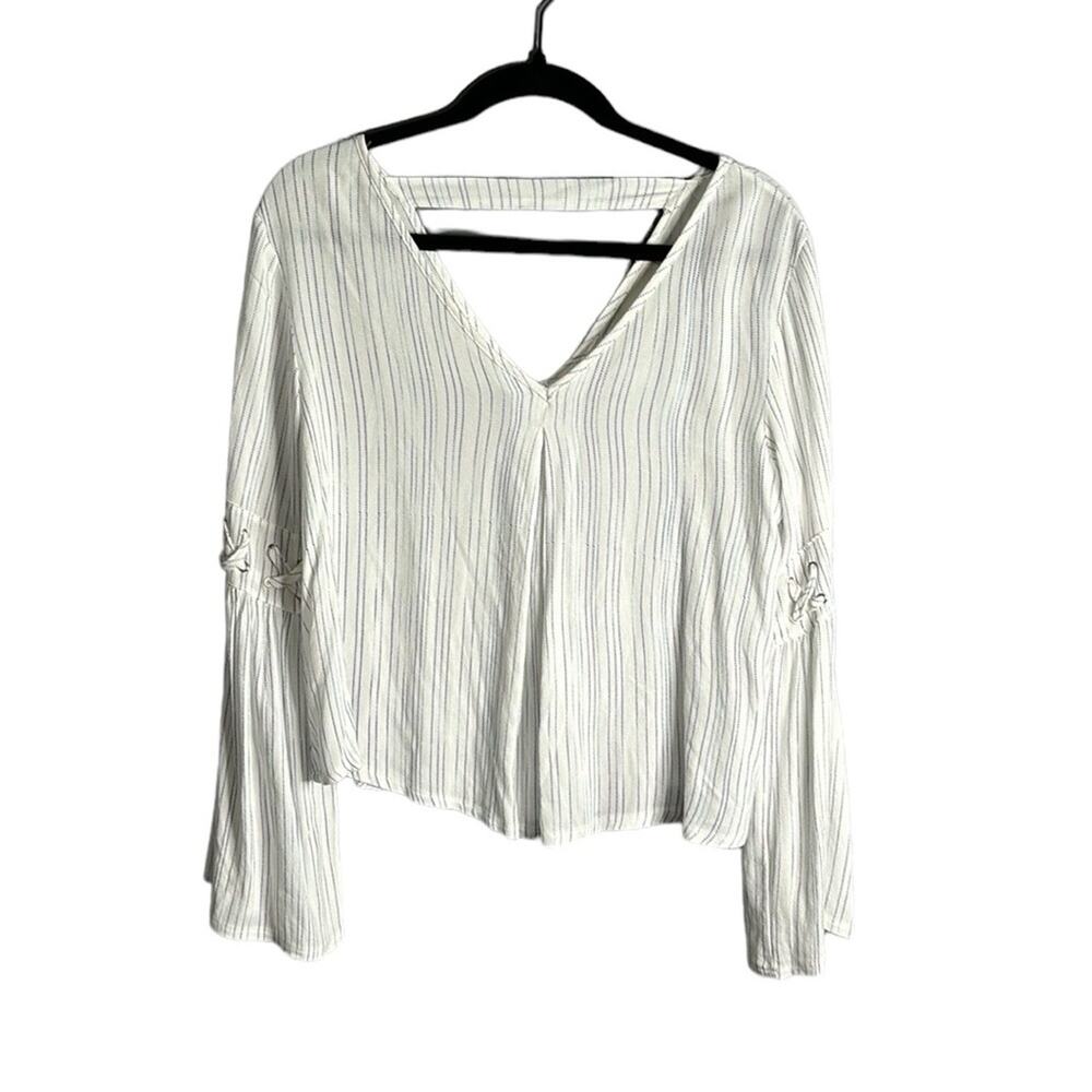 Vintage Havana White Blouse With Blue Stripes V Neckline Blouse Small
